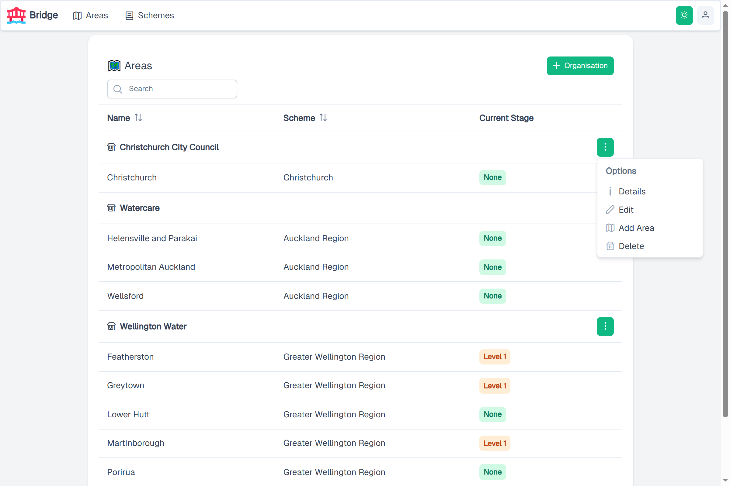 Bridge organisations screenshot