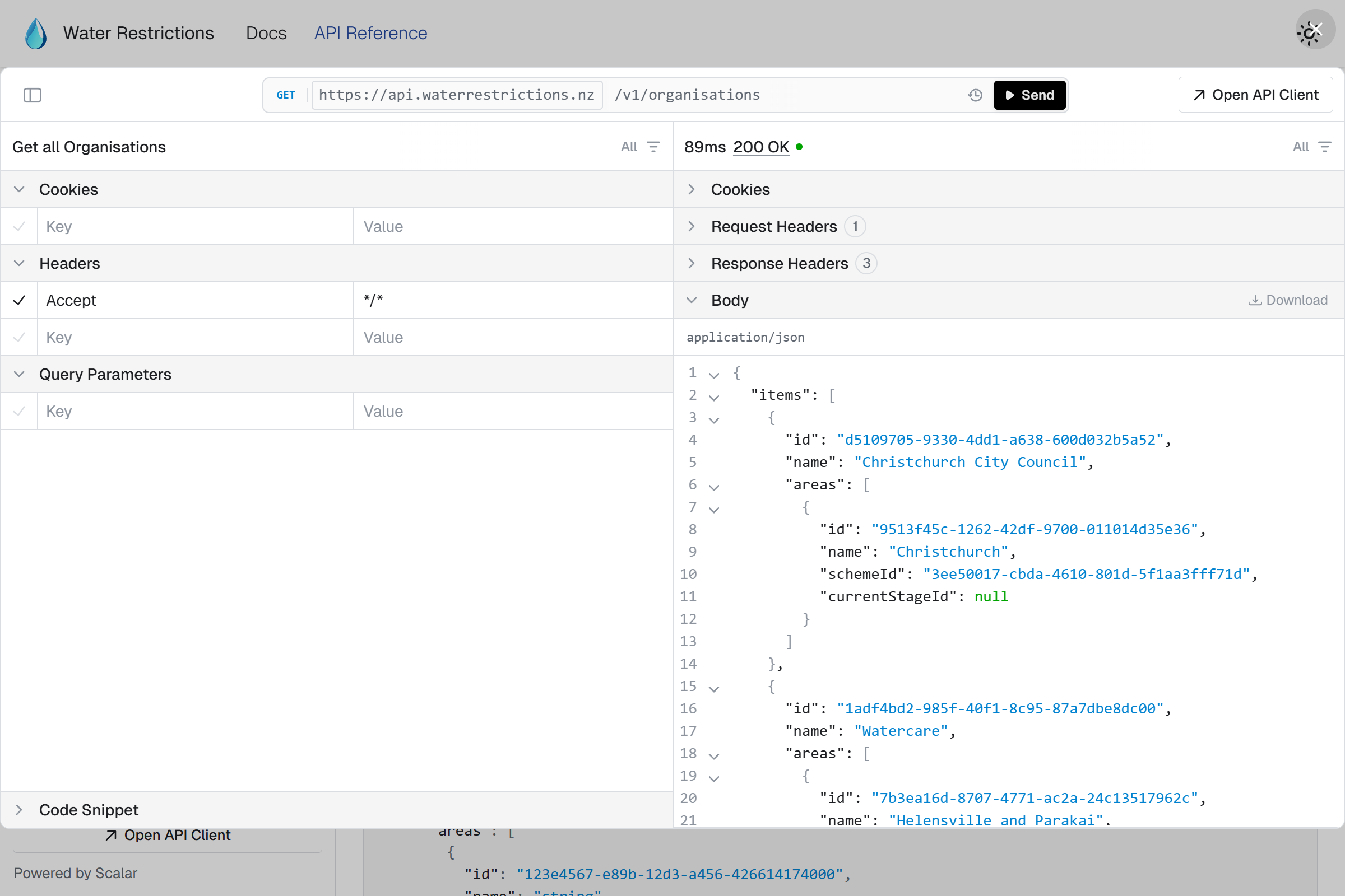 Testing a request in the Water Restrictions API docs