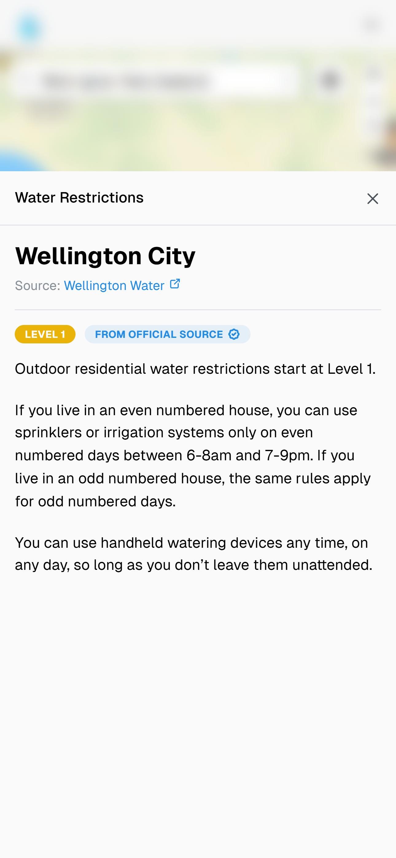 Water Restrictions Website showing restriction details on mobile