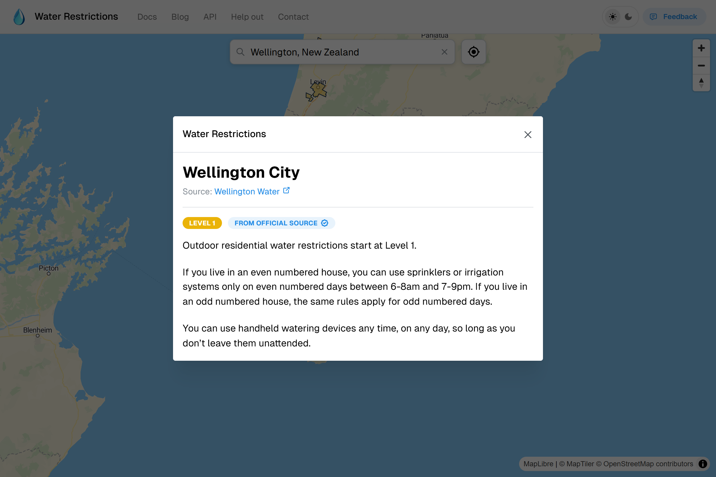Water Restrictions Website showing restriction details on desktop